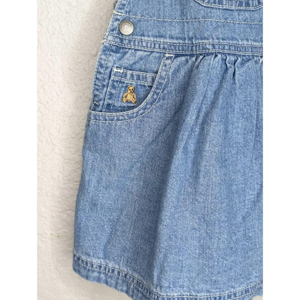 Vintage Baby Gap Y2K Denim Jumper Overall Dress Sz 3-6 Mos Teddy Bear Logo Lined